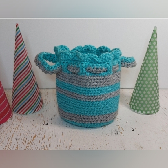 Turquoise and Grey Striped Pouch with Colorful Design Cute Gift Bag Boho Retro - Picture 4 of 8